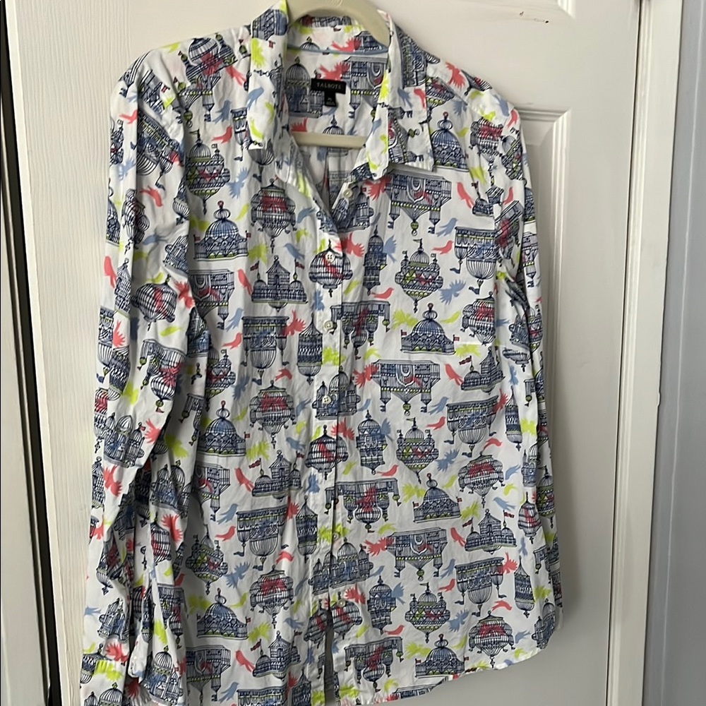 Talbots Blue and White Button Down Shirt with Playful Pattern